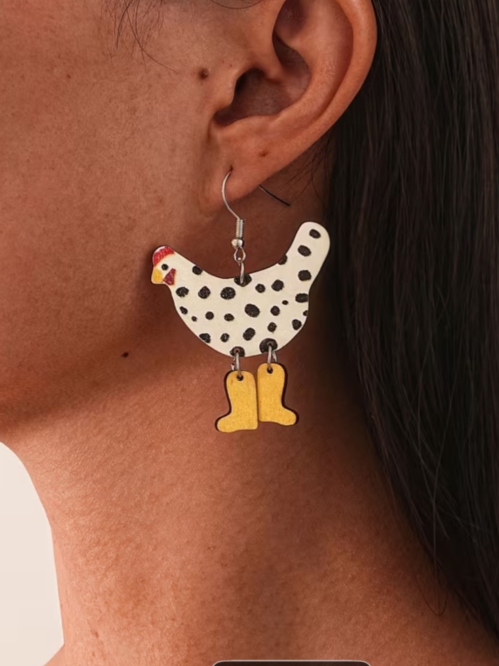 Playful Chicken Drop Earrings in White and Yellow